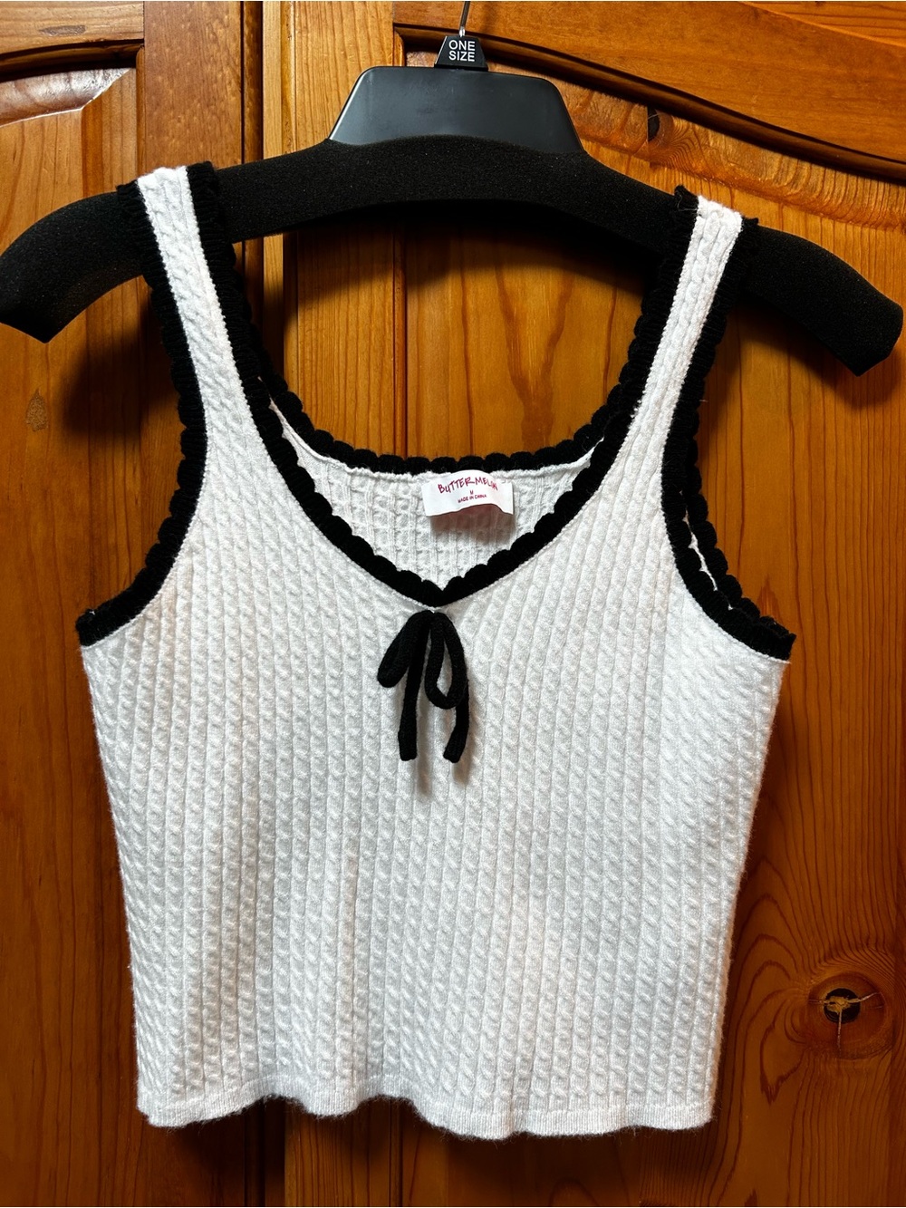 Textured Knit White Tank Top with Black Trim